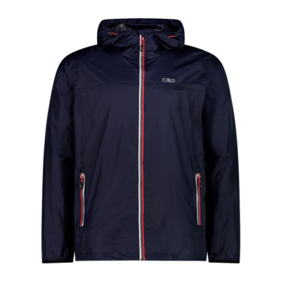 CMP Regenjacke Herren in Blau, Größen S - 3XL, aus leichtem, wasserabweisendem Material mit abnehmbarer Kapuze und Reißverschluss. Seitentaschen mit Reißverschluss in Kontrastfarbe.