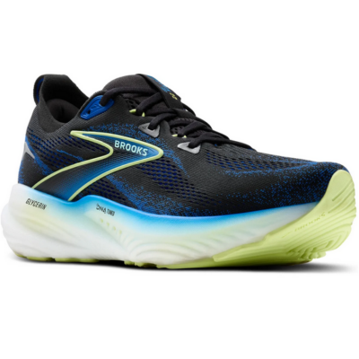 Brooks Glycerin 22 Laufschuhe für Herren in Größe 45,5 / US11.5 / EK 10.5 / 29,5 cm, mit schwarzem Obermaterial und blauen Akzenten, ausgestattet mit einer reaktionsfreudigen Dämpfung für Komfort beim Laufen.