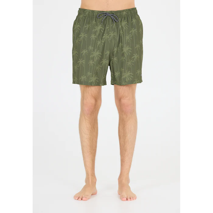 Die Badehose Rohan Boardshort in olivgrün mit palmblattartigem Muster zeigt eine lockere Passform und einen elastischen Bund mit Zugband, ideal für Strandaktivitäten.