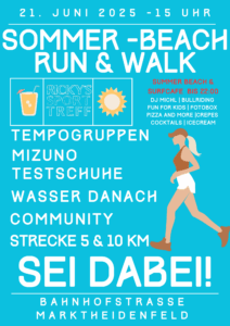 Ein Veranstaltungsplakat für den "Sommer-Beach Run & Walk" am 21. Juni 2025, das Informationen zu Sportprogrammen, Testschuhen, Wasserversorgung, einer Community-Distanz von 5 und 10 km sowie Aktivitäten für Kinder enthält.