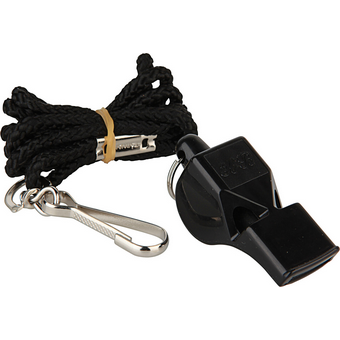 Professionelle Pfeife mit Kordel in Schwarz, aus leichtem Kunststoff gefertigt, mit einem Befestigungsclip aus Metall und einer stabilen Schnur, ideal für Sportveranstaltungen oder Outdoor-Aktivitäten.