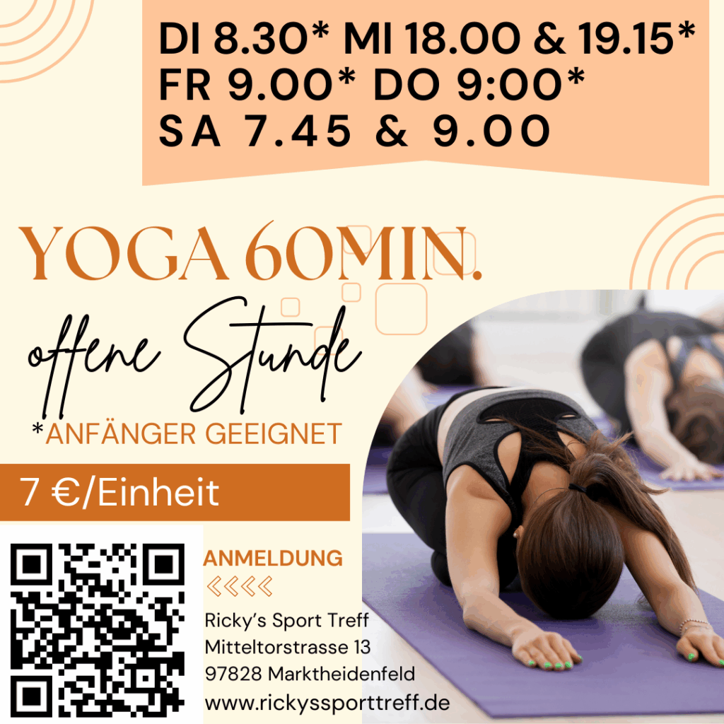 Ein Plakat für Yoga-Kurse mit Details zu Terminen und Preisen. Eine Frau praktiziert Yoga im Hintergrund. Informationen über Anmeldung und Ort sind ebenfalls enthalten.
