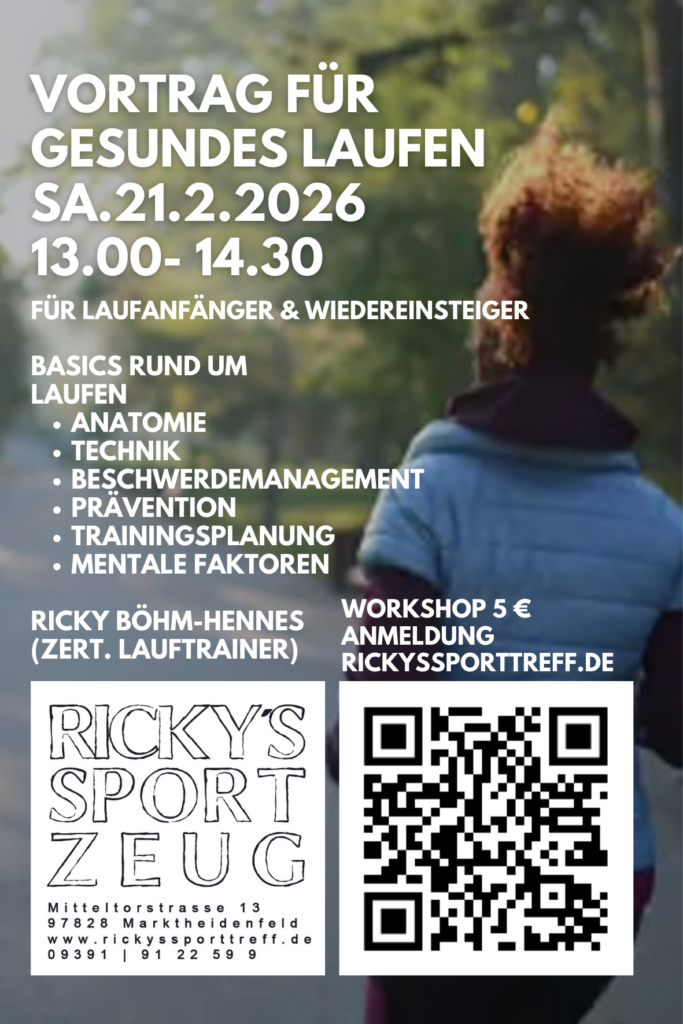 Ein Werbeplakat fรผr einen Vortrag รผber gesundes Laufen, der am 21. Februar 2026 stattfindet. Es enthรคlt Details zu Themen wie Anatomie, Technik und Trainingsplanung. Ein QR-Code und Kontaktinformationen sind ebenfalls sichtbar.
