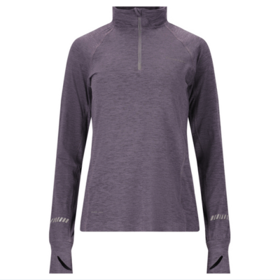 Der Endurance Midlayer Canna V2 Zip für Frauen in der Farbe Greystone, gefertigt aus einem leichten, atmungsaktiven Material, zeigt einen halben Reißverschluss und lange Ärmel mit reflektierenden Details.