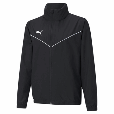 Die Jacke Puma TeamRise Weather Junior in Schwarz, aus leichtem Material gefertigt, verfügt über einen durchgehenden Reißverschluss und reflektierende Details auf der Vorderseite, ideal für aktives Tragen.