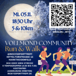 Ein Werbeplakat für einen Community-Lauf und Spaziergang am 5. November um 18:30 Uhr in Marktheidenfeld. Es zeigt eine große Mondgrafik und zwei Läufer, einen Mann und eine Frau, in sportlicher Kleidung. Der QR-Code verweist auf weitere Informationen.