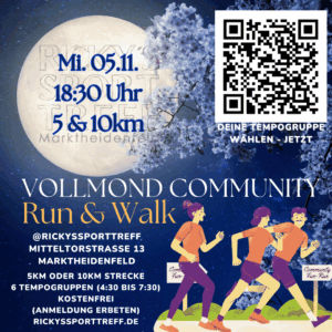 Ein Werbeplakat für einen Community-Lauf und Spaziergang am 5. November um 18:30 Uhr in Marktheidenfeld. Es zeigt eine große Mondgrafik und zwei Läufer, einen Mann und eine Frau, in sportlicher Kleidung. Der QR-Code verweist auf weitere Informationen.
