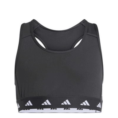 Der Power Bra Adidas 140 & 152 für Mädchen in schwarz mit einem elastischen Unterbrustband, das das Adidas-Logo zeigt. Der BH hat einen runden Ausschnitt und ein sportliches Design, gefertigt aus einem bequemen, atmungsaktiven Material.
