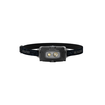 Die LEDLENSER HF4R Stirnlampe in Schwarz mit einem praktischen Gummigehäuse, ausgestattet mit zwei leistungsstarken LEDs und einem verstellbaren, elastischen Kopfband für optimalen Tragekomfort.