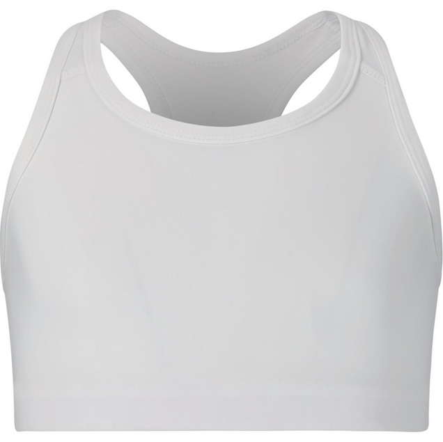 Der Myaly Bra Girls in weiß, erhältlich in den Größen 128 - 140 und 152 - 164, gefertigt aus leichtem und elastischem Material, zeigt ein schlichtes Design mit breiten Trägern.