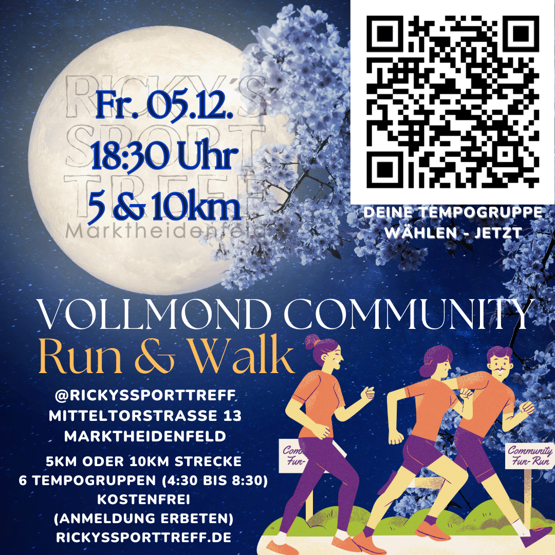 Ein Plakat für eine Laufveranstaltung am 05.12. um 18:30 Uhr in Marktheidenfeld. Es zeigt die Details zu 5km und 10km Strecken, Zeitgruppen und QR-Code zur Anmeldung.