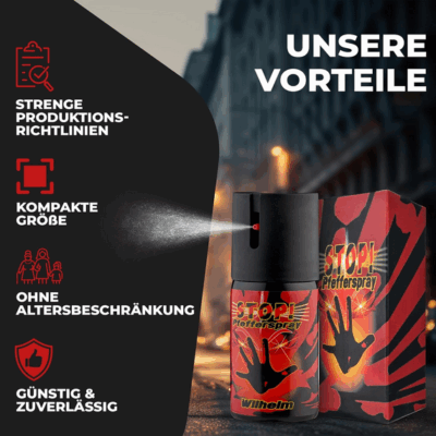 Das Pfefferspray 40ml von Wilhelm für Hundeabwehr ist in einer kompakten Sprühflasche mit rotem und schwarzem Design erhältlich. Es bietet einfache Handhabung und ist in urbanen Umgebungen nützlich.