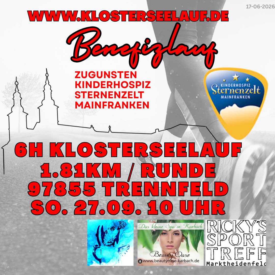 Ein Plakat für den Benefizlauf in Trennfeld, das Details zum Event enthält. Es zeigt den Titel "Benefizlauf", Informationen über die Strecke von 1,81 km, das Datum (27.09.) und die Uhrzeit (10 Uhr). Links und oben sind illustrative Elemente und Logos zu sehen.