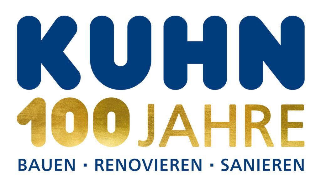 Das KHN-Logo mit dem goldenen Schriftzug โ100 JAHREโ und dem Slogan โBAUEN ยท RENOVIEREN ยท SANIERENโ auf weiรem Hintergrund.