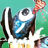 A colorful illustration of a fish with an eye, positioned above a glass of beer. The fish is depicted eating a heart-shaped piece of meat, with droplets of liquid falling from it against a green background.