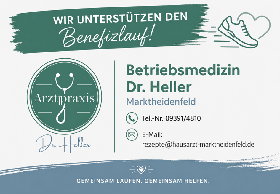A promotional graphic for a charity run, featuring the logo of Dr. Heller's medical practice. The image includes contact details, such as a phone number and email, with text stating support for the charity event. At the top, it reads "Wir unterstützen den Benefizlauf!"