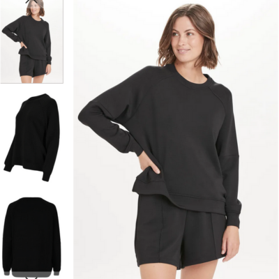 Der Athleticia Jacey W Crew Neck in Gunmetall, erhältlich in den Größen XS bis 2XL, ist ein lockerer, schwarzer Pullover aus bequemer Baumwolle mit Raglan-Ärmeln und einem lässigen Schnitt.