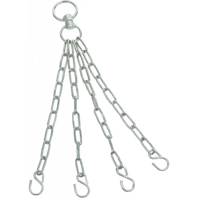 Die Kettenschรคkel-Halterung mit fรผnf verchromten Kettenstrรคngen und Haken, ausgestattet mit einem stabilen Ring zur Befestigung, ideal fรผr vielseitige Anwendungen in Werkstรคtten und Garagen.