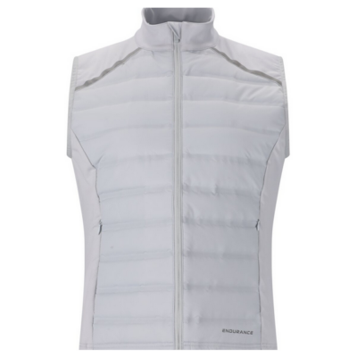 Die Endurance Laufweste Reitta in der Farbe Gray Dawn ist eine leichte, ärmellose Jacke aus funktionellem Material, die eine schlichte Vorderseite mit einem Reißverschluss und seitlichen Taschen bietet.