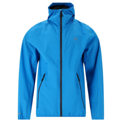 Die Endurance Selawik M Regenjacke fรผr Herren in Blau, erhรคltlich in den Grรถรen S bis 2XL, besteht aus wetterfestem Material und verfรผgt รผber eine abnehmbare Kapuze sowie seitliche Reiรverschlusstaschen.