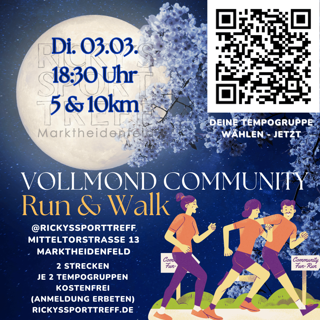 Plakat für eine Laufveranstaltung am 03.03. um 18:30 Uhr mit 5 und 10 km Optionen. Es zeigt den Veranstaltungsort, QR-Code zur Anmeldung und Informationen zu zwei Tempogruppen sowie kostenlose Teilnahme.