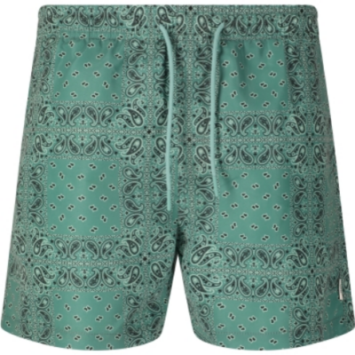 Die Badehose Baltasar Atelier Square in mintgrรผn, gefertigt aus leichtem Material, zeigt ein dekoratives Bandana-Muster und eine elastische Taille mit Kordelzug fรผr idealen Sitz.