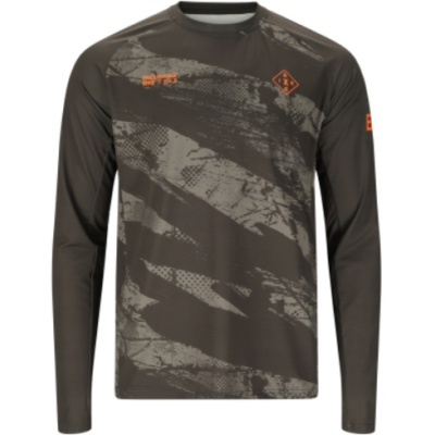 Das Endurance Havent Langarm-Shirt in Olivgrün für MTB und Fahrrad, hergestellt aus atmungsaktivem Material mit modernem Muster und langen Ärmeln, ideal für sportliche Aktivitäten.