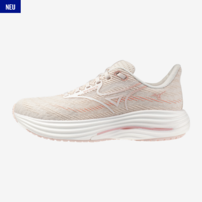 Der Mizuno Wave Rider 29 Laufschuh für Damen in cremefarbenem Design, gefertigt aus leichtem, atmungsaktivem Material, zeigt eine durchgehende Dämpfungsohle für verbesserten Komfort beim Laufen.