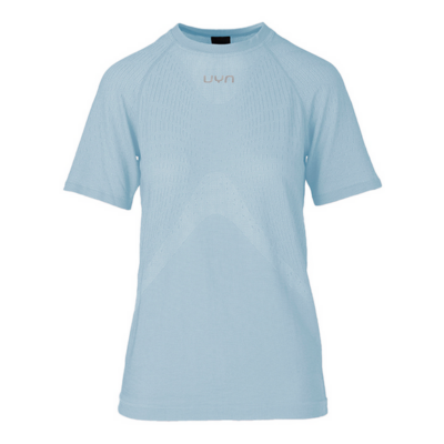 Das UYN Woman Running Shirt OW in himmelblau, besteht aus einem leichten, atmungsaktiven Material und hat kurze Ärmel sowie ein modernes Design, ideal für sportliche Aktivitäten.