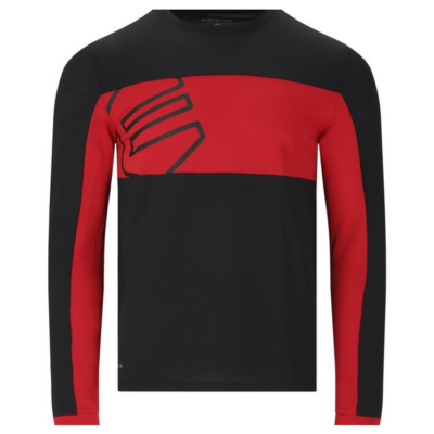Das Endurance Havent Langarm-Shirt in Rot und Schwarz, speziell für MTB-Fahrer, aus atmungsaktivem Material, zeigt ein sportliches Design mit einem stilisierten Logo auf der Brust.