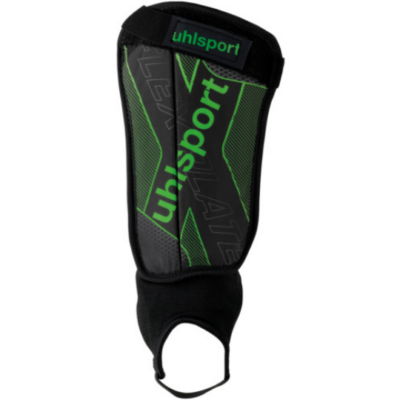 Der Fussball Schienbeinschoner - Stutzen Uhlsport Flex Plate in schwarz mit grünen Akzenten, aus strapazierfähigem Material, bietet Schutz und Komfort auf dem Spielfeld.