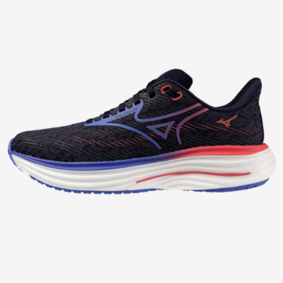 Der Mizuno Wave Rider 29 Laufschuh für Damen in schwarz mit lila und roter Akzentfarbe, aus atmungsaktivem Material, bietet eine bequeme Passform für Läufer.