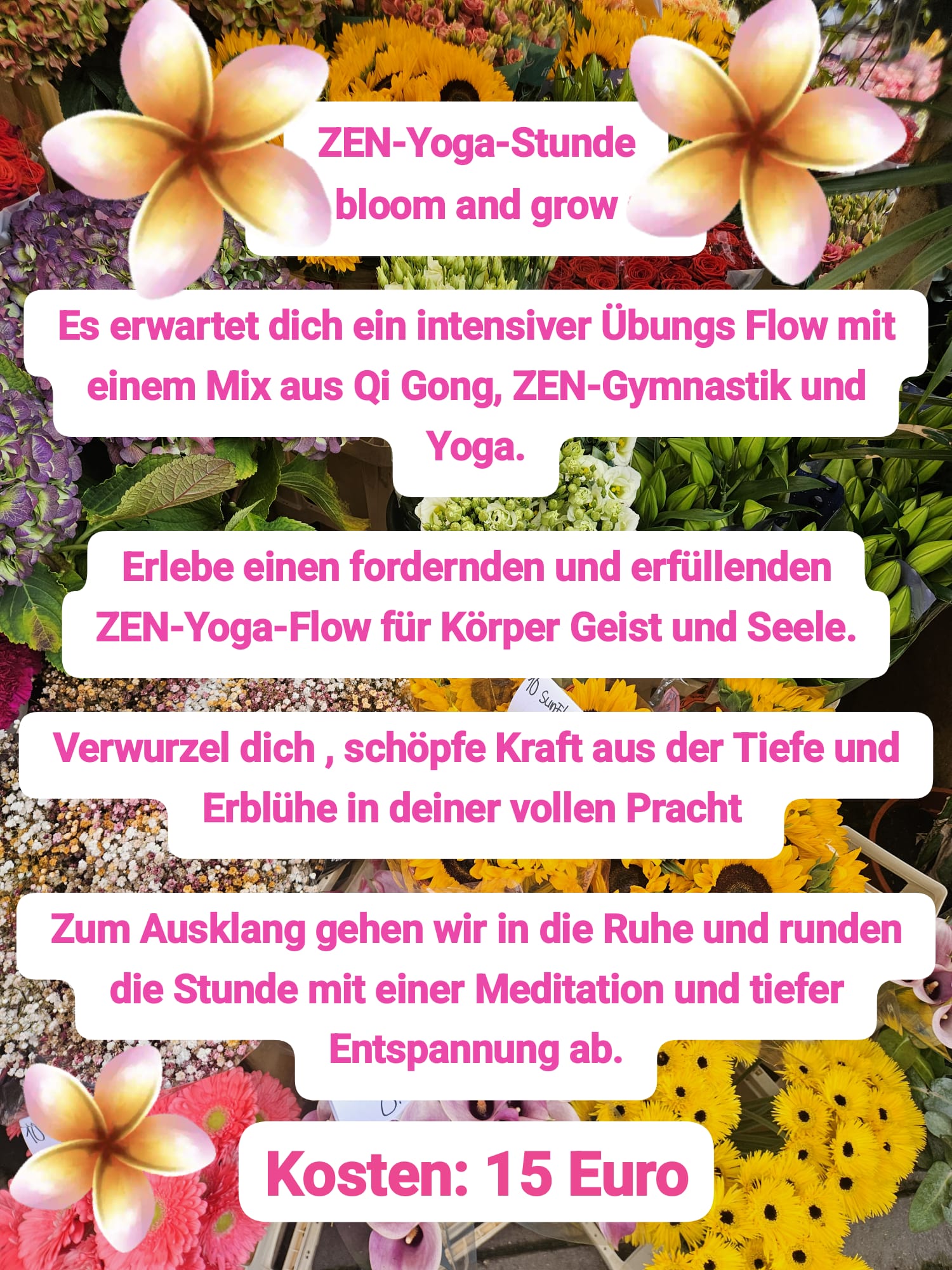Eine Ankündigung für eine ZEN-Yoga-Stunde mit einem intensiven Übungsfluss, der Qi Gong, ZEN-Gymnastik und Yoga kombiniert. Der Text hebt die Kosten von 15 Euro hervor und spricht die Teilnahme an Meditation und entspannenden Übungen an.