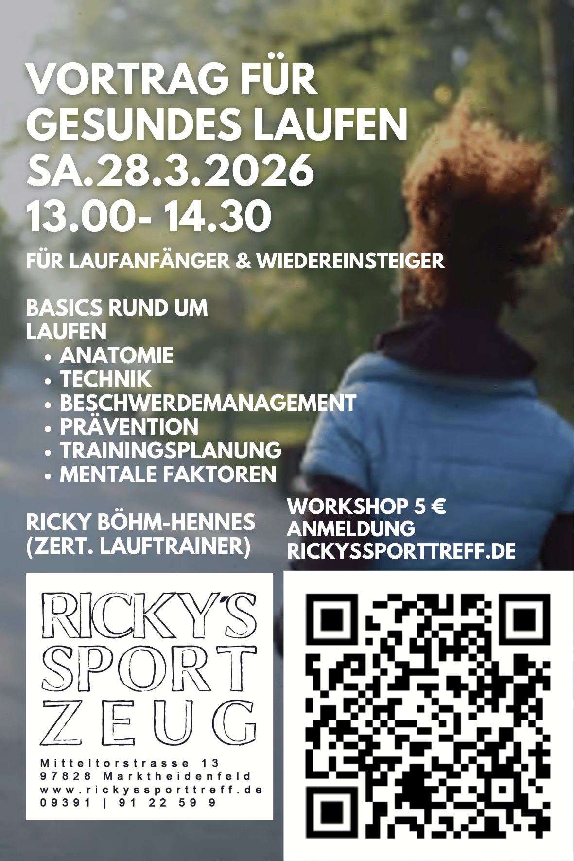Poster for a running workshop titled 'Vortrag für gesundes Laufen', scheduled for March 28, 2026, from 1:00 PM to 2:30 PM. It includes topics such as anatomy, technique, injury management, and mental factors. Features a QR code.