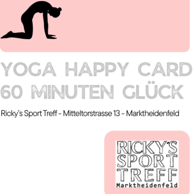 Der Gutschein "Yoga Happy Card" von Ricky's Sport Treff bietet 5 Yoga-Sessions, jede 60 Minuten. Der Gutschein ist in einem rosa Design gehalten und enthält Platz für Name und Gültigkeitsdatum sowie einen QR-Code für weitere Informationen.