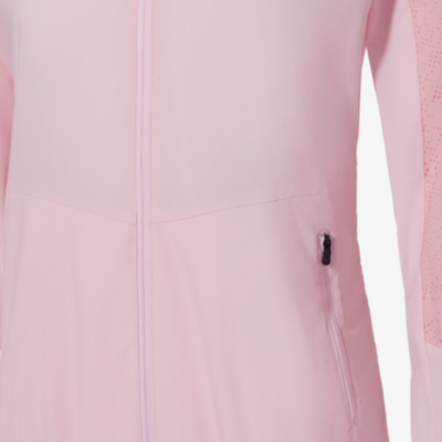Die Laufjacke hooded in sanften rosa Farbton, gefertigt aus atmungsaktivem Material, ausgestattet mit einem kurzen Reißverschluss und einer seitlichen Tasche für praktische Aufbewahrung.