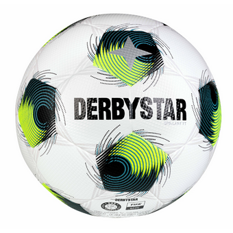 Der Fussball Derbystar TT in Größe 4 und 5 ist hauptsächlich weiß mit schwarzen und neonfarbenen Designelementen, hergestellt aus strapazierfähigem Material, ideal für den Einsatz im Training und Spiel.