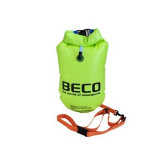 Die BECO Schwimmhilfe in leuchtendem Grün ist aus strapazierfähigem Material gefertigt und kommt mit einem orangefarbenen Tragegurt, ideal für Sicherheitsmaßnahmen im Wasser.