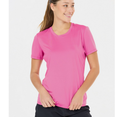Endurance Nan T-Shirt W in pink, gefertigt aus leichtem, atmungsaktivem Material. Das Shirt hat einen runden Ausschnitt und kurze Ärmel, ideal für sportliche Aktivitäten.
