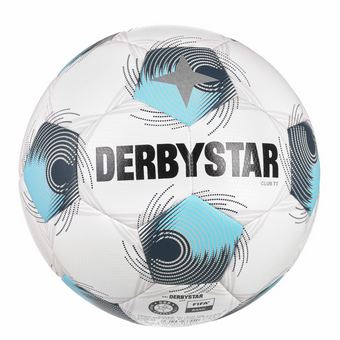 Der Fußball Club Gr. 4 von DERBYSTAR in Weiß mit schwarzem und türkisfarbenem Design, hergestellt aus strapazierfähigem Material, geeignet für verschiedene Spielfelder.