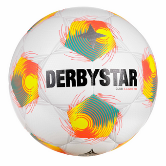 Der Derbystar Club Gr. 4 & 5 Fußball in Weiß, mit bunten grafischen Mustern in Gelb, Blau und Rot, gefertigt aus strapazierfähigem Material, eignet sich für das Spiel auf dem Rasen.