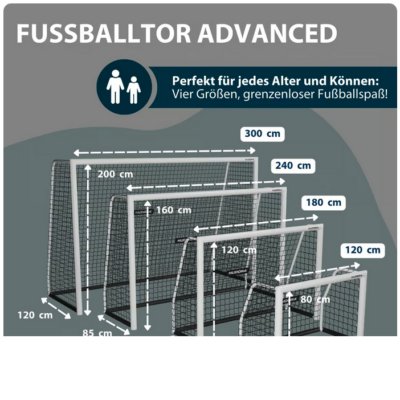 Das Fussballtor - Hudora Advanced bietet vier Größen von 120 bis 300 cm, ideal für jedes Alter und Können, mit einem stabilen Netzdesign für grenzenlosen Fußballspaß.