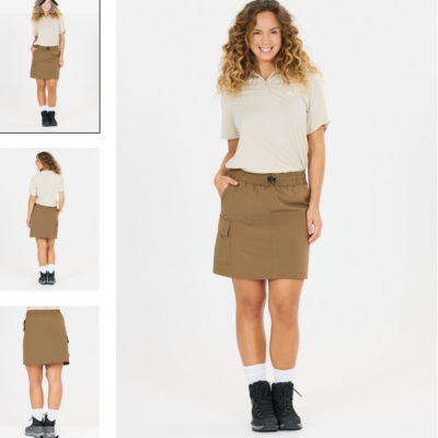 Der Hasvil Outdoor Wander Rock - Skirt in Teak, aus strapazierfähigem Material, kombiniert einen elastischen Bund mit praktischen Taschen, ideal für outdoor Aktivitäten.