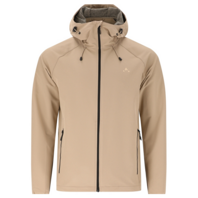 Die Stretch Jacke Kodie Männer in Sandbeige von der Marke, gefertigt aus flexiblem Material, verfügt über eine Kapuze und seitliche Reißverschlusstaschen, ideal für Outdoor-Aktivitäten.