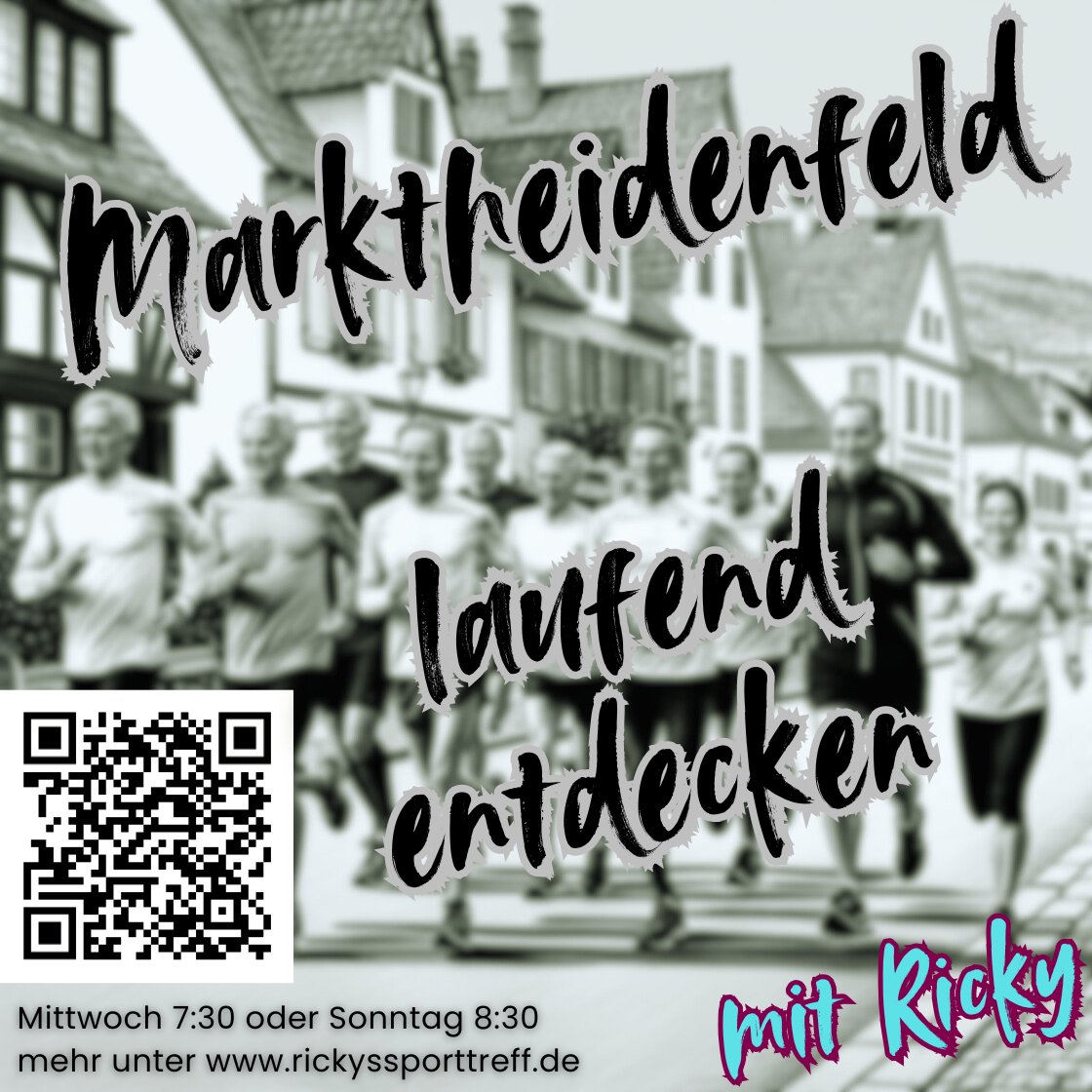 Eine Gruppe von Menschen joggt durch eine malerische Straße in Marktheidenfeld. Im Vordergrund sind Schriftzüge: "Marktheidenfeld" und "laufend entdecken" sowie ein QR-Code und Informationen zu den Lauftreffen.