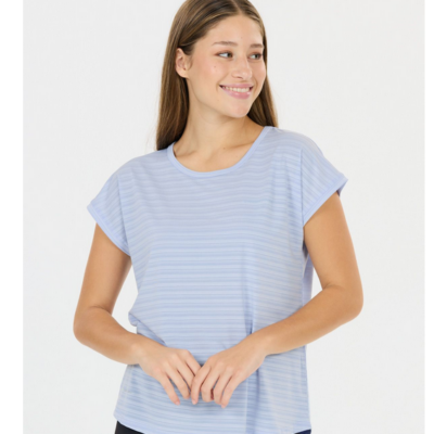 Das Endurance Shirt Limko für Damen in Blau zeigt ein gestreiftes Design mit einem lockeren Schnitt und kurzen Ärmeln, ideal für sportliche Aktivitäten oder Freizeit. Das Material sorgt für Komfort und Bewegungsfreiheit.