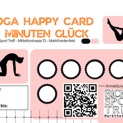 Die Gutschein "Yoga Happy Card" von Ricky's Sport Treff bietet 60 Minuten Glück in pinker Farbgestaltung. Die Karte enthält Platz für persönliche Daten und einen QR-Code zur Anmeldung, im Hintergrund sind stilisierte Yoga-Posen abgebildet.