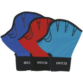 BECO Aqua Handschuh in drei Farben: Blau, Rot und Türkis. Die Handschuhe sind halbfingerig und aus elastischem Material gefertigt, mit kontrastierenden schwarzen Abschlüssen und dem BECO-Logo auf dem Bund.