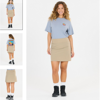 Maura Outdoor Wander Rock in der Farbe Teak, hergestellt aus leichtem und elastischem Material. Der Rock hat eine schlichte, taillierte Form und ist ideal für Outdoor-Aktivitäten. Kommt in einer neutralen Sandfarbe.