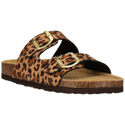 NOU Sandalen in Leo-Design, erhältlich in Größen 37 bis 41, mit zwei verstellbaren Riemen und goldfarbenen Schnallen. Die Sohle ist aus Kork und die Innensohle aus weichem Material für zusätzlichen Komfort.